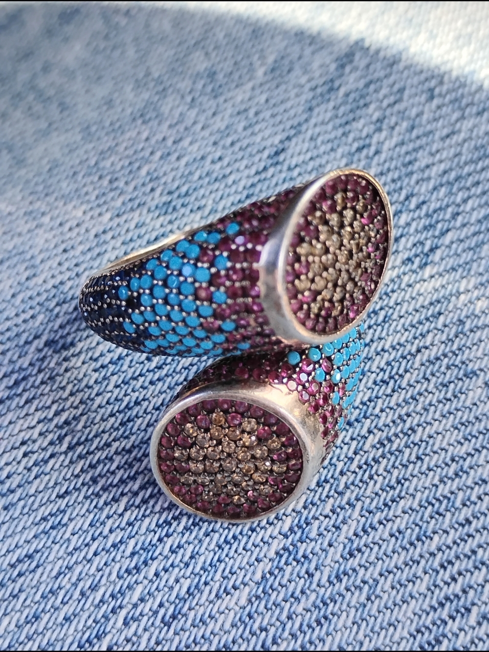 Sterling Silver Double-Circle Statement Ring with Turquoise and Purple Stones